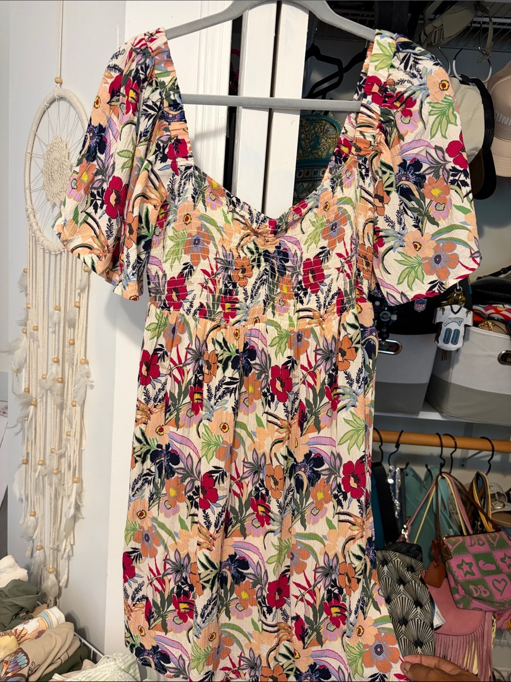 Roxy Peach Multicolored Floral Flowy Mini Dress with Flutter Sleeves & Low Back